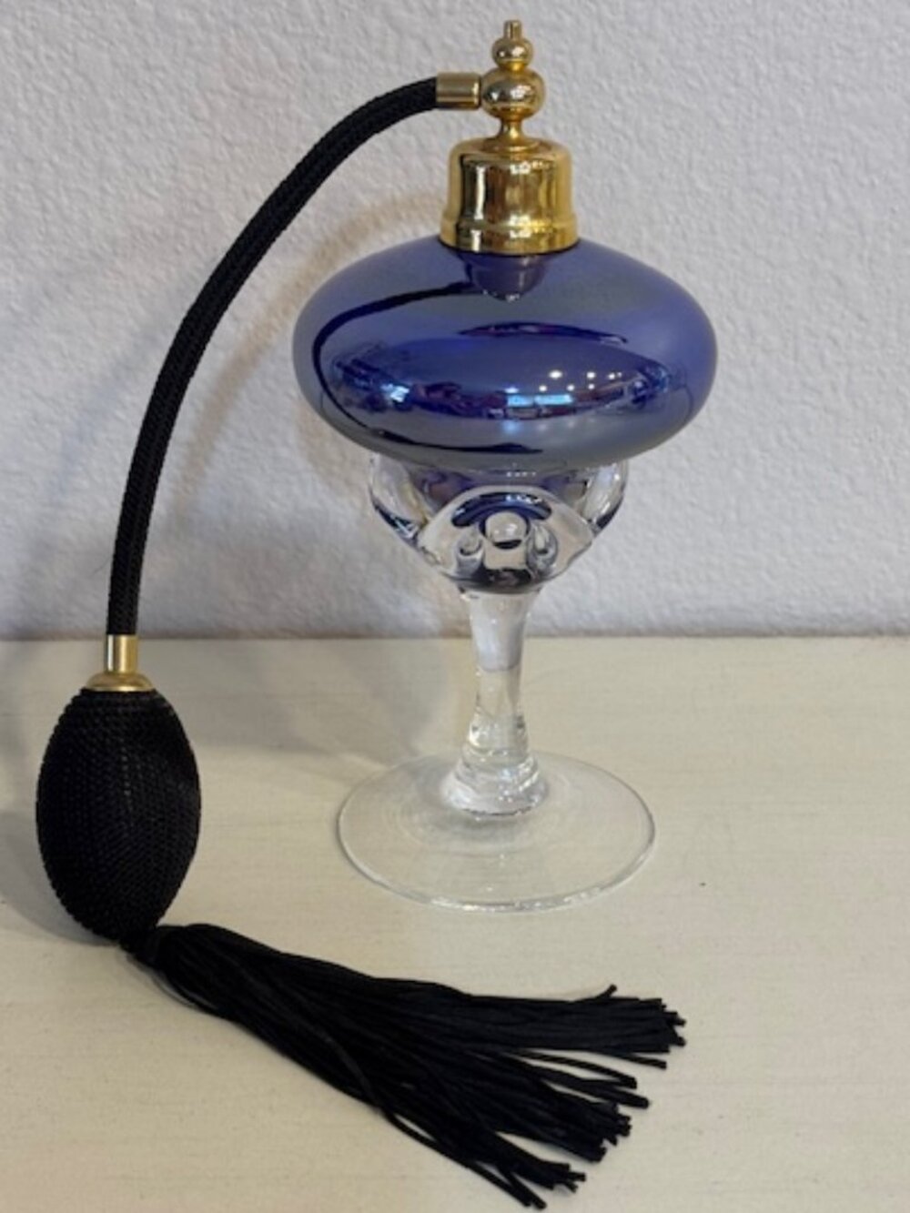 Vintage Iridescent Cobalt Blue Glass Heavy Pedestal Perfume Atomizer